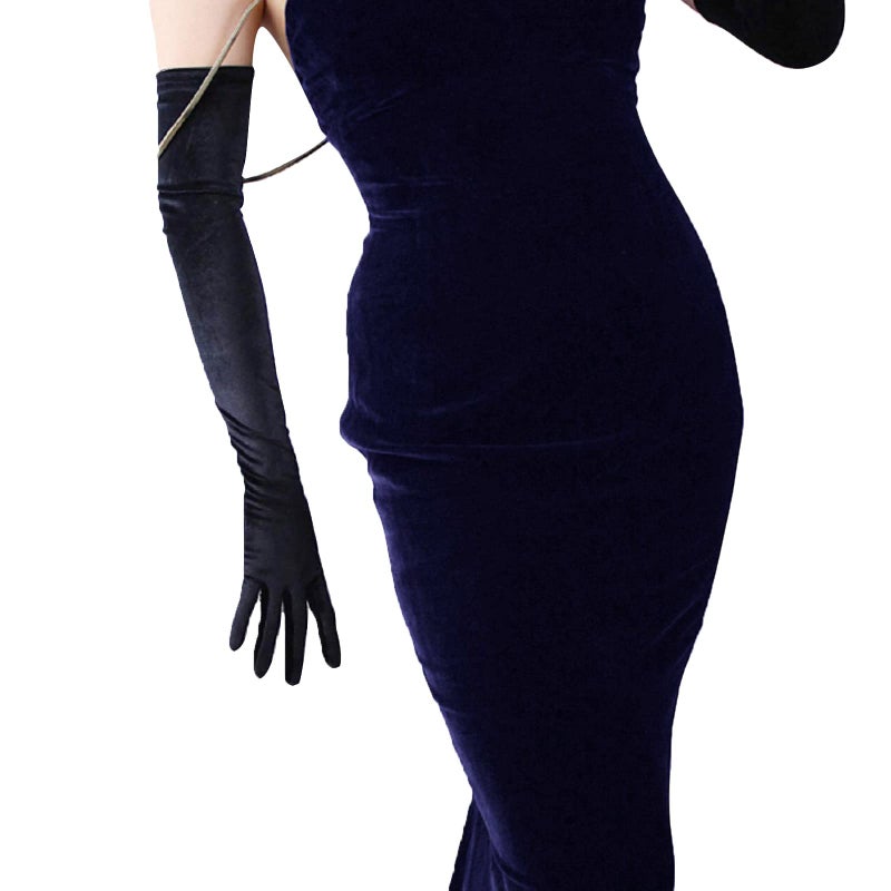 DooWay Black Long Velvet Opera Gloves TOUCHSCREEN 24 Inches Stretchy Women Evening Wedding Warm Gloves One Size - Image 2